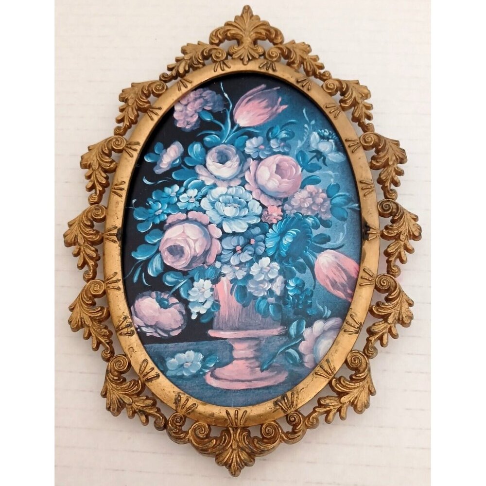 Vintage Made in Italy Flower Bouquet in Ornated Frame Back Velvet Covered Decor